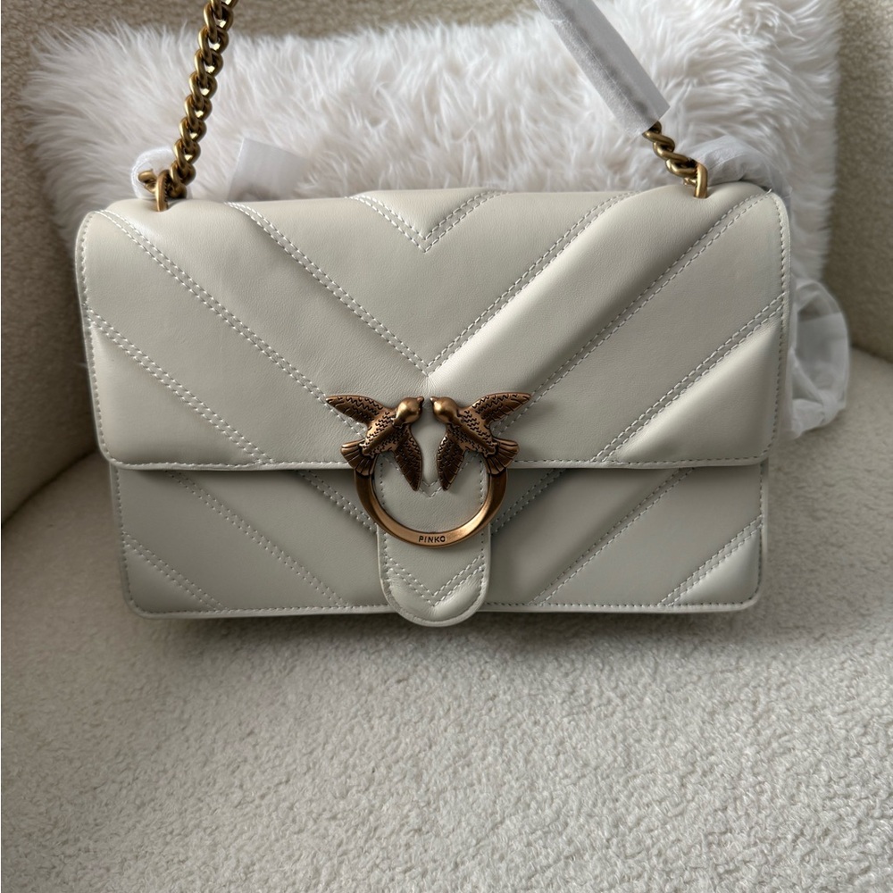 Pinko Ivory Chevron Shoulder Bag with Gold Accents